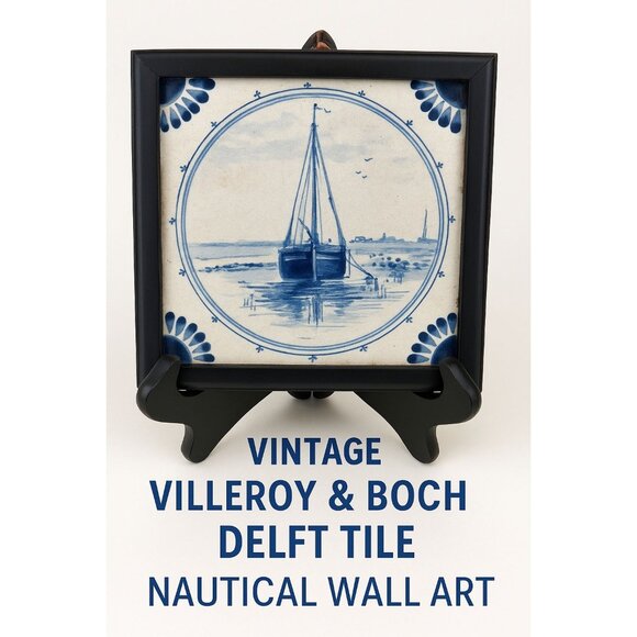 1900s Villeroy Boch Mettlach Delft Style Tile Blue White Sailboat Nautical Scene - Picture 1 of 11
